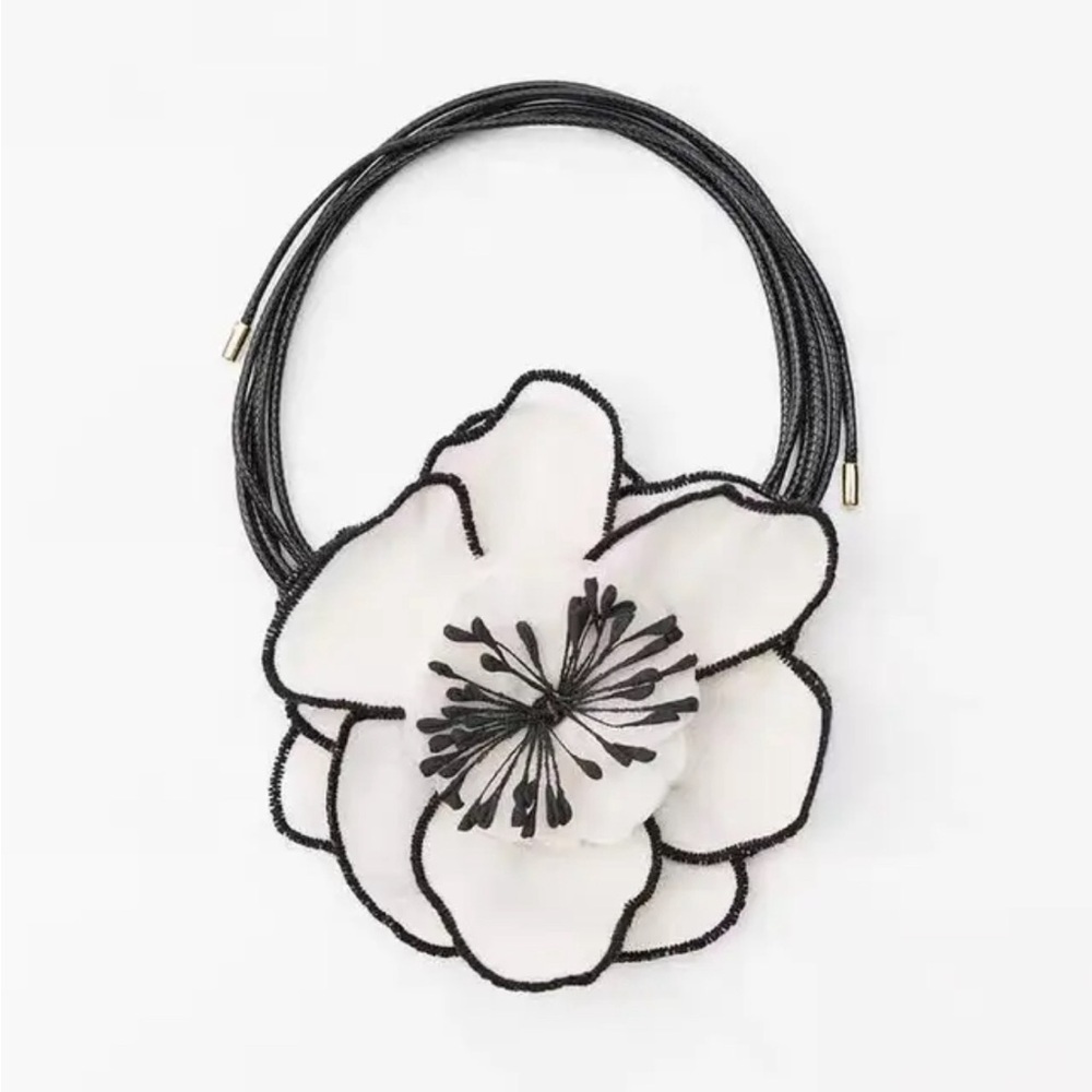 Zara White And Black Fabric Flower Wrap Necklace - Picture 14 of 16